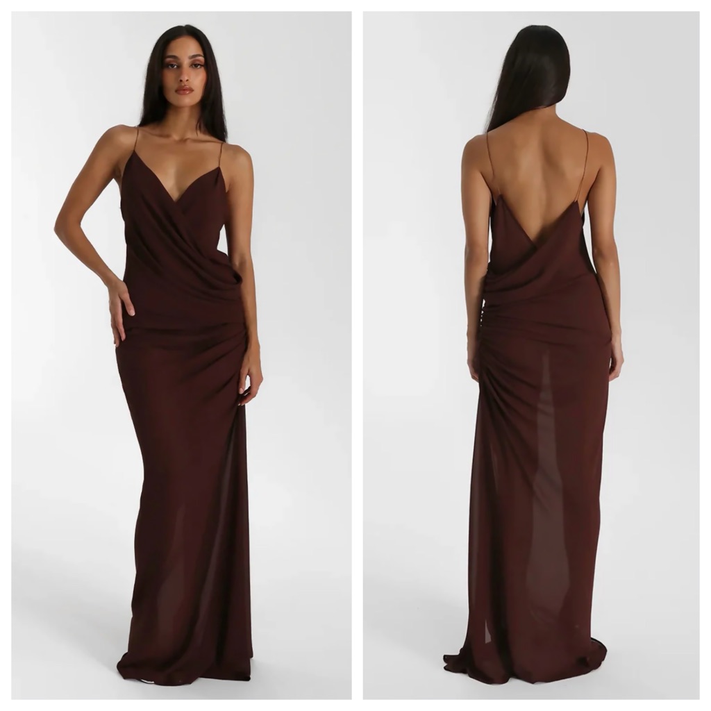 New Natalie Rolt Magnolia Gown (Sz 1) Draped Maxi Slip Dress Espresso Brown — image 3 of 8